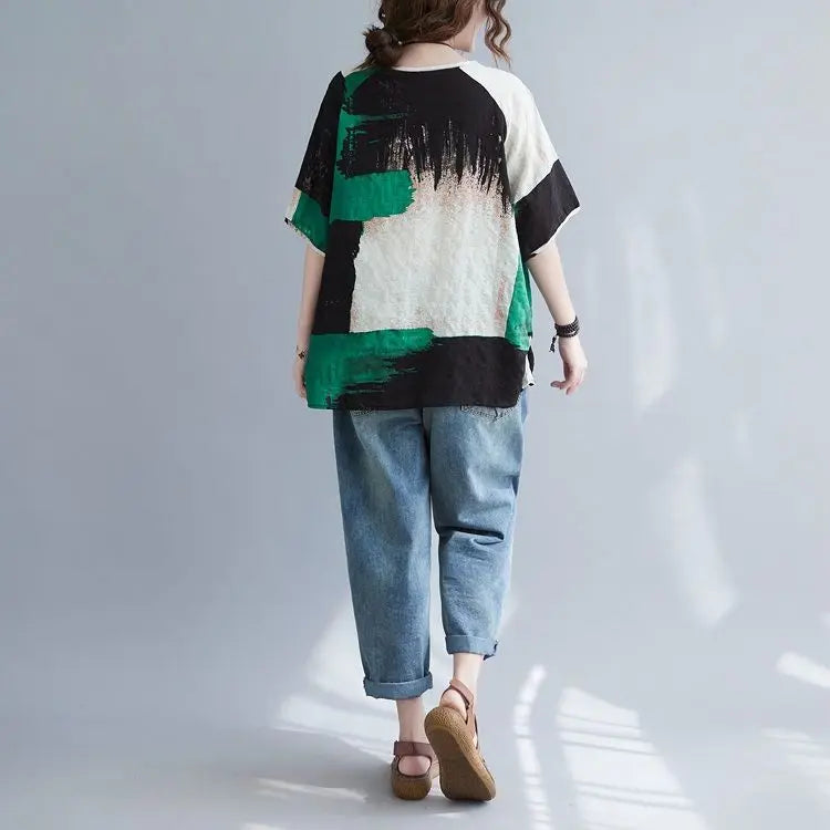 Women Clothing 2025 New Summer Clothing New Style Retro Loose Cotton Linen Short-sleeved T-shirt Top