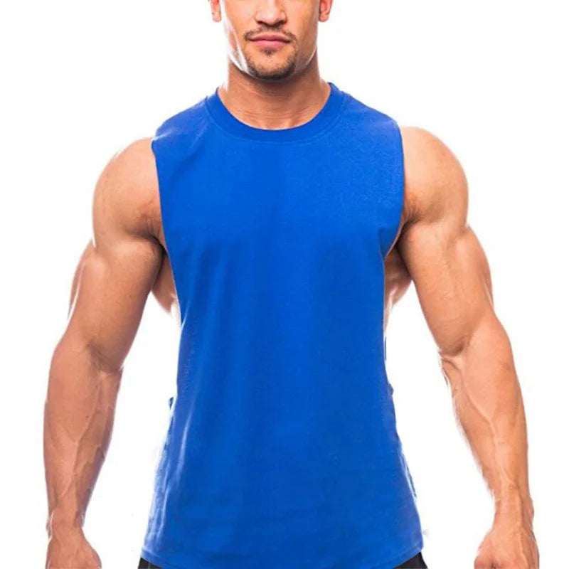 Mens Running Vests Cotton Side Cut Off Sleeveless T-Shirt Summer Sportswear Gym Tank Tops Bodybuilding Fitness Clothing