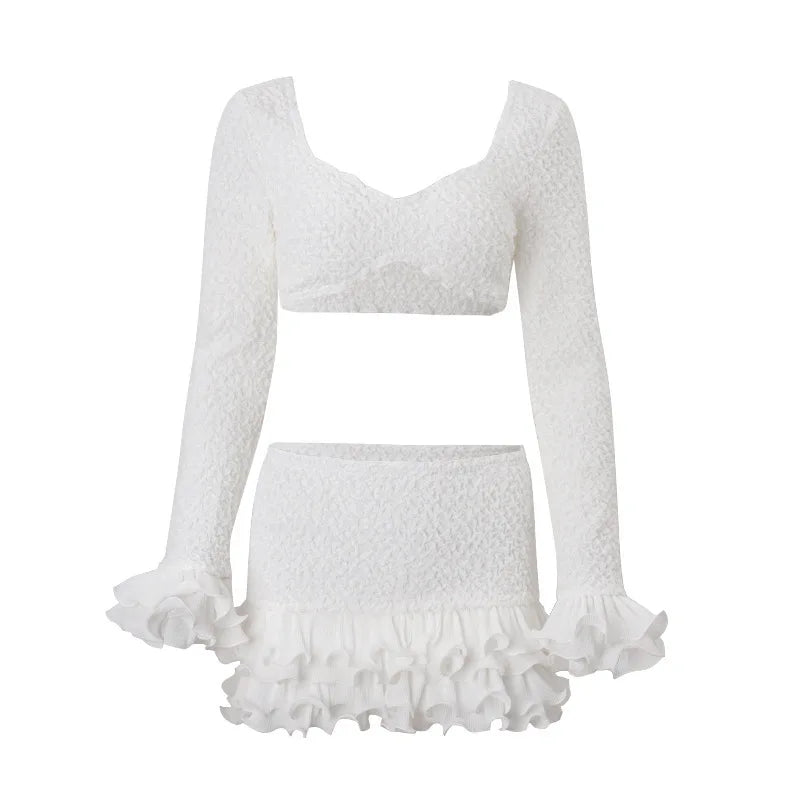 Women's Clothing 2026 Autumn Sexy Temperament Gathering Chest Wrapping Long-sleeved Top Fungus Edge Skirt Set