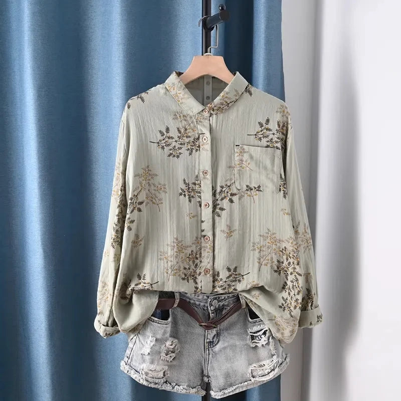 Middle Aged Women Clothing 100% Cotton Yarn Printed Shirts Long Sleeve Blouses for Women Spring Vintage Clothing