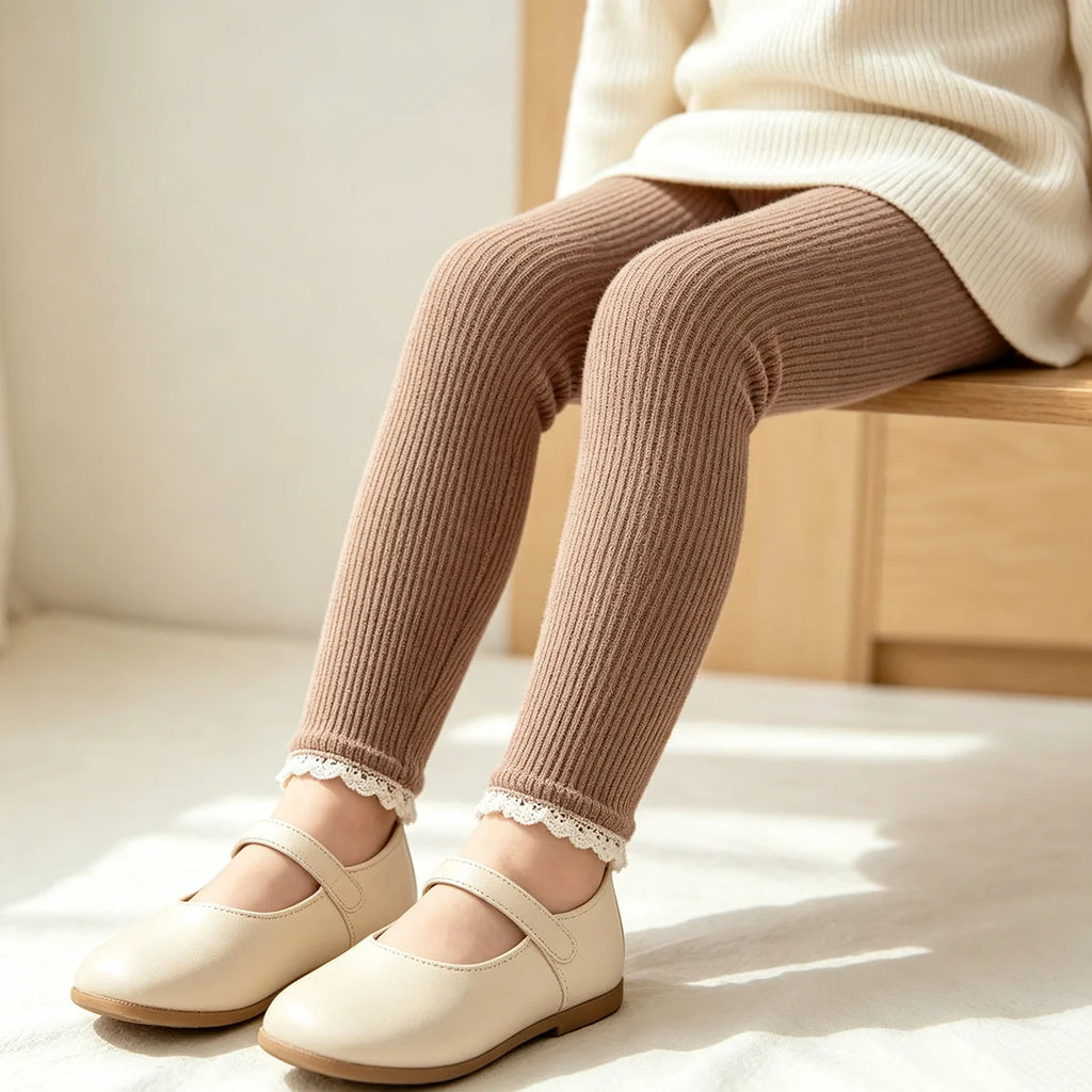 Autumn New Baby Ribbed Lace Leggings Girl Toddler Casual Cotton Trouser Boy Infant Solid Kintted Pants Kid Bottoming Pants