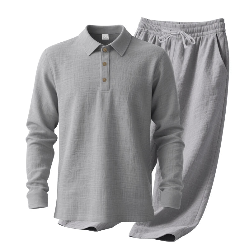 Men's Clothing Set Linen Two-Piece Set: Long-Sleeve Polo Shirt and Straight-Leg Pants Set, Casual Beach Sportswear