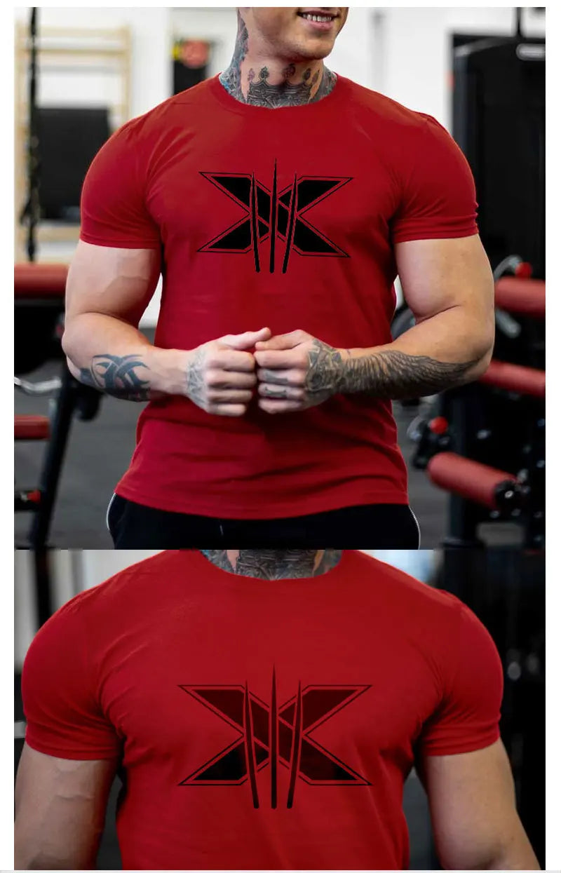 Men's Gym Fitness Clothing Man Cotton Sports Short Sleeve T-shirt Running Training Slim Printed Shirt Sweatshirt Casual Tops