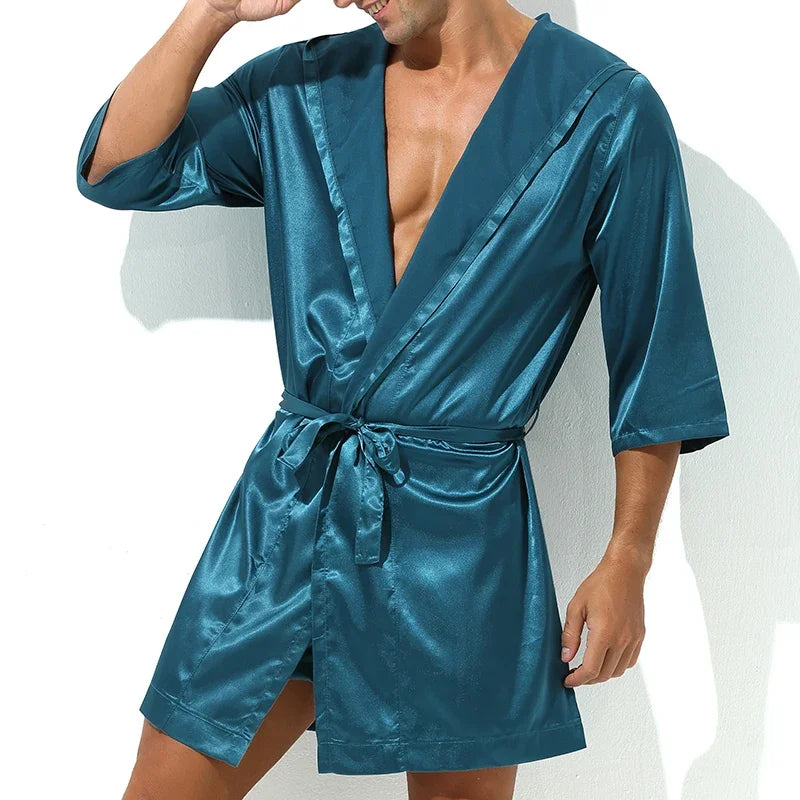 Men Bathrobes Summer Short Sleeve Homewear Silk Pajamas Bathrobe Mens Robes Sleepwear