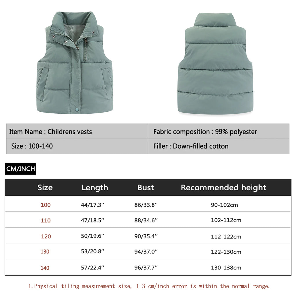 Children's Down Cotton Jacket,Girls Winter Vest,Warm Sleeveless Fleece Boys Waistcoat,Stand Collar Toddlers Quilted Coat