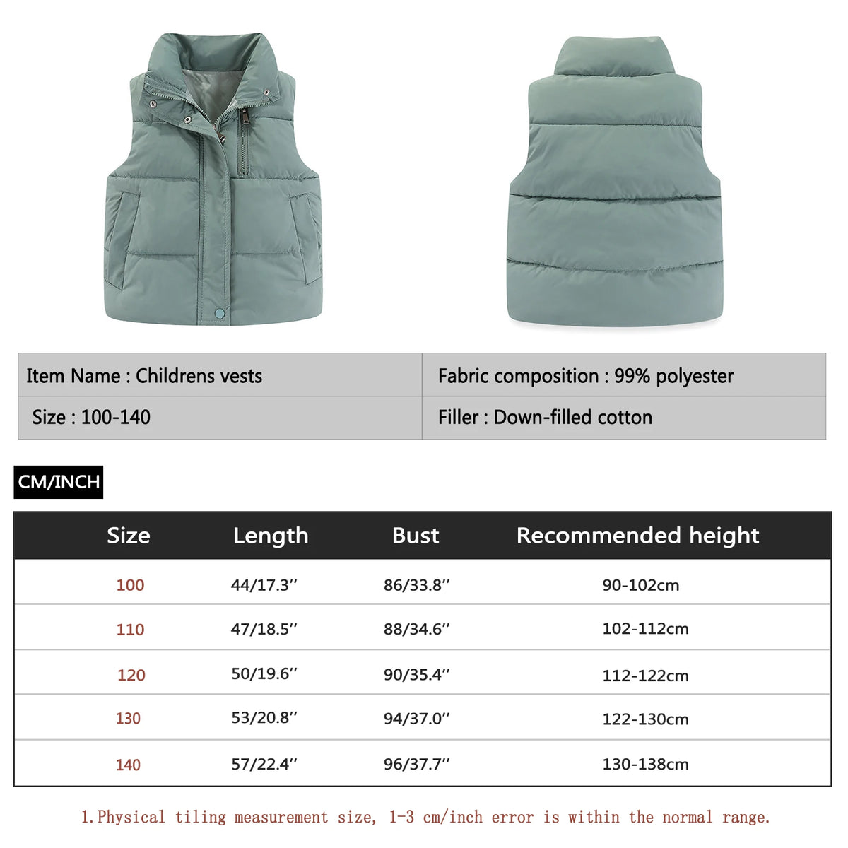 Children's Down Cotton Jacket,Girls Winter Vest,Warm Sleeveless Fleece Boys Waistcoat,Stand Collar Toddlers Quilted Coat