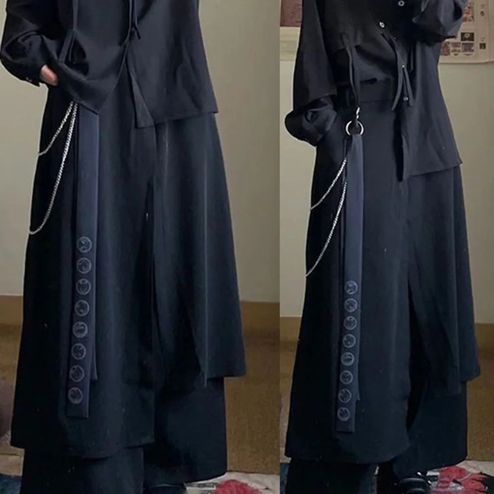 Mens Gothic Culottes Irregular Double Layer Japanese Samurai Skirt Ribbon Chain Loose Casual Hakama Pants Men'S Clothing Unisex