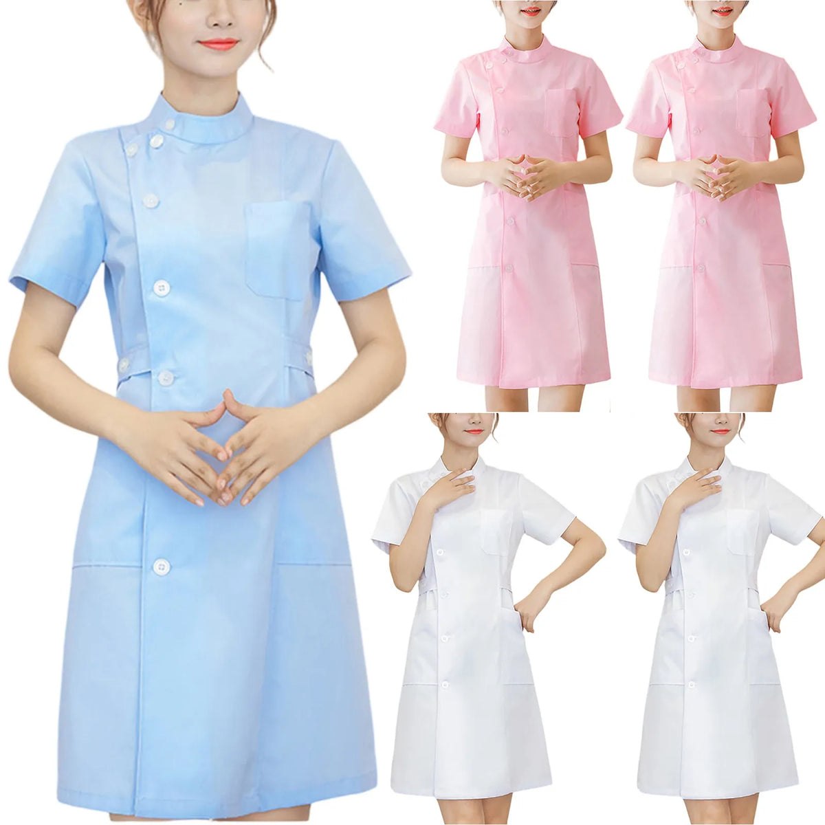 Women Nurse Dress Working Uniform Workwear Healthcare Gown Solid Color Short Sleeve Scrub Dresses Uniformes White Blue Pink