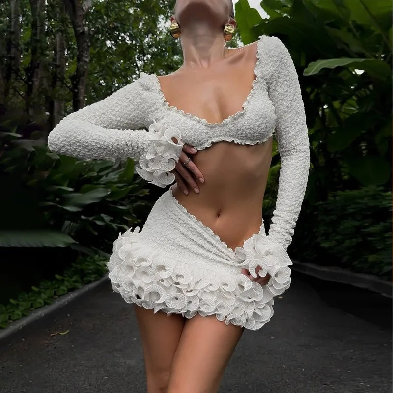 Women's Clothing 2026 Autumn Sexy Temperament Gathering Chest Wrapping Long-sleeved Top Fungus Edge Skirt Set