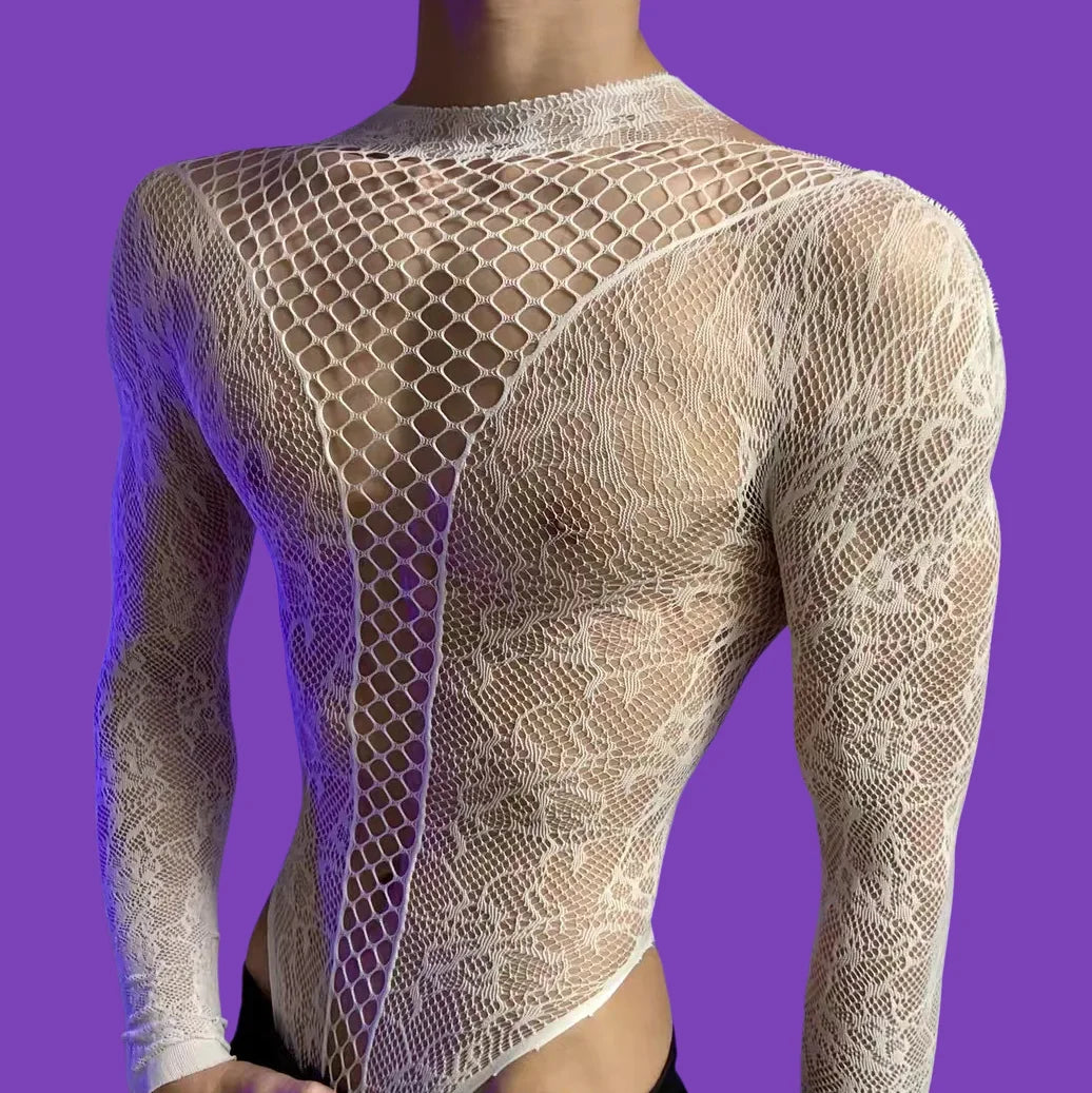 Men's Christmas Bodysuits Male Long Sleeved Uniforms Autumn Winter Underwear Fetish Breathable Gentlemen Mesh Clothes White Red