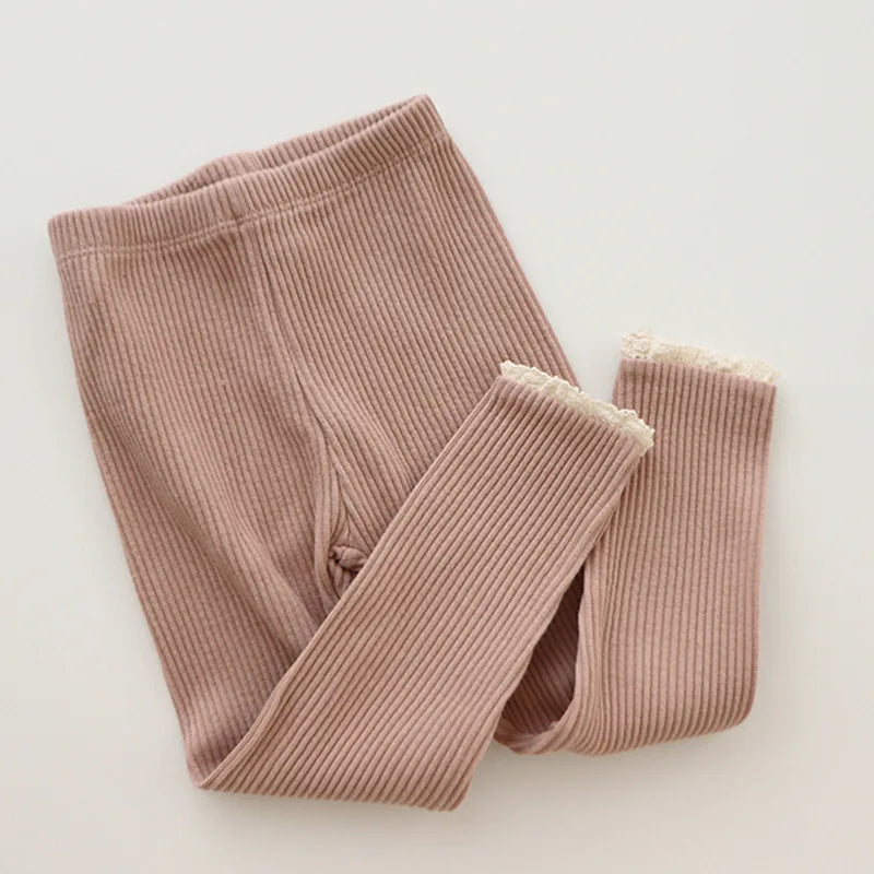Autumn New Baby Ribbed Lace Leggings Girl Toddler Casual Cotton Trouser Boy Infant Solid Kintted Pants Kid Bottoming Pants