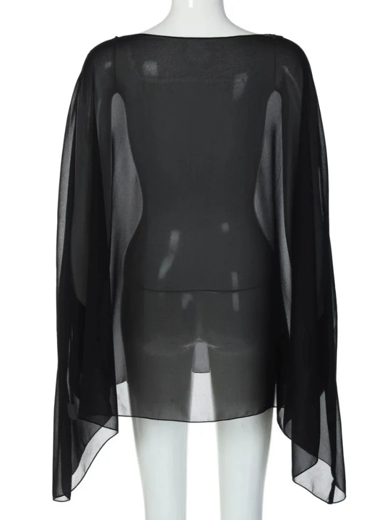 Woman Clothes See-through Chiffon Blouses Sexy Fashion Solid Cover-ups Ladies Elegant Night Club Tops White Black Streetwear