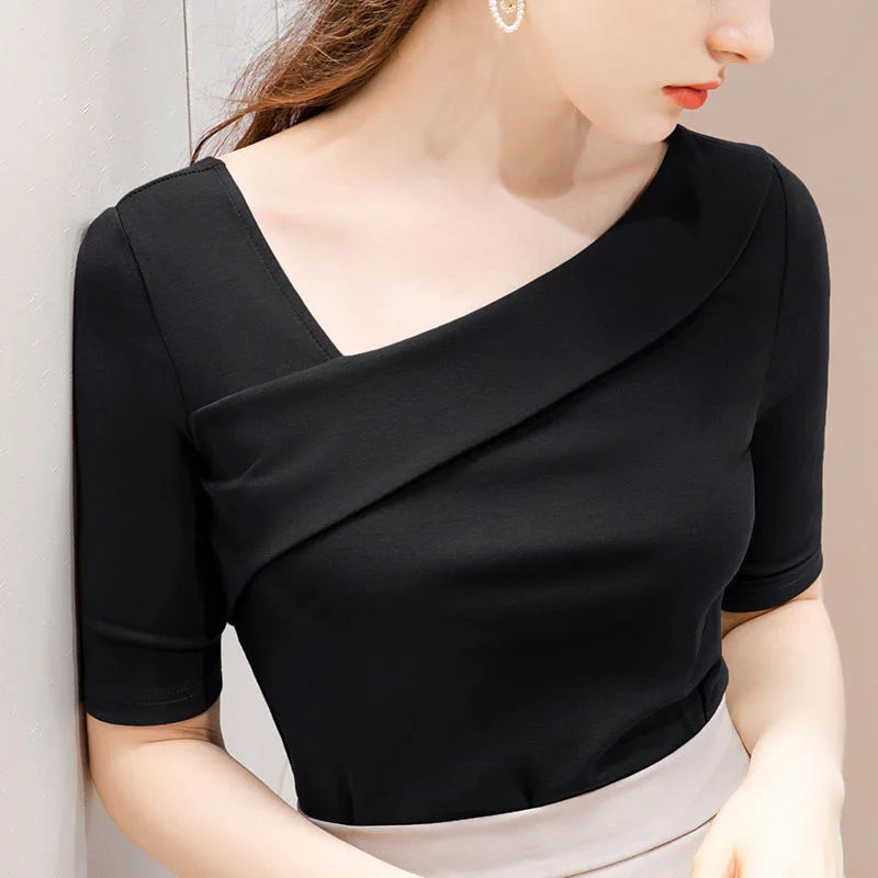 Woman's Clothing Basic T-Shirts Tops Lady Slim Short Sleeve Skew Collar Sheath Blouse Tops SS055