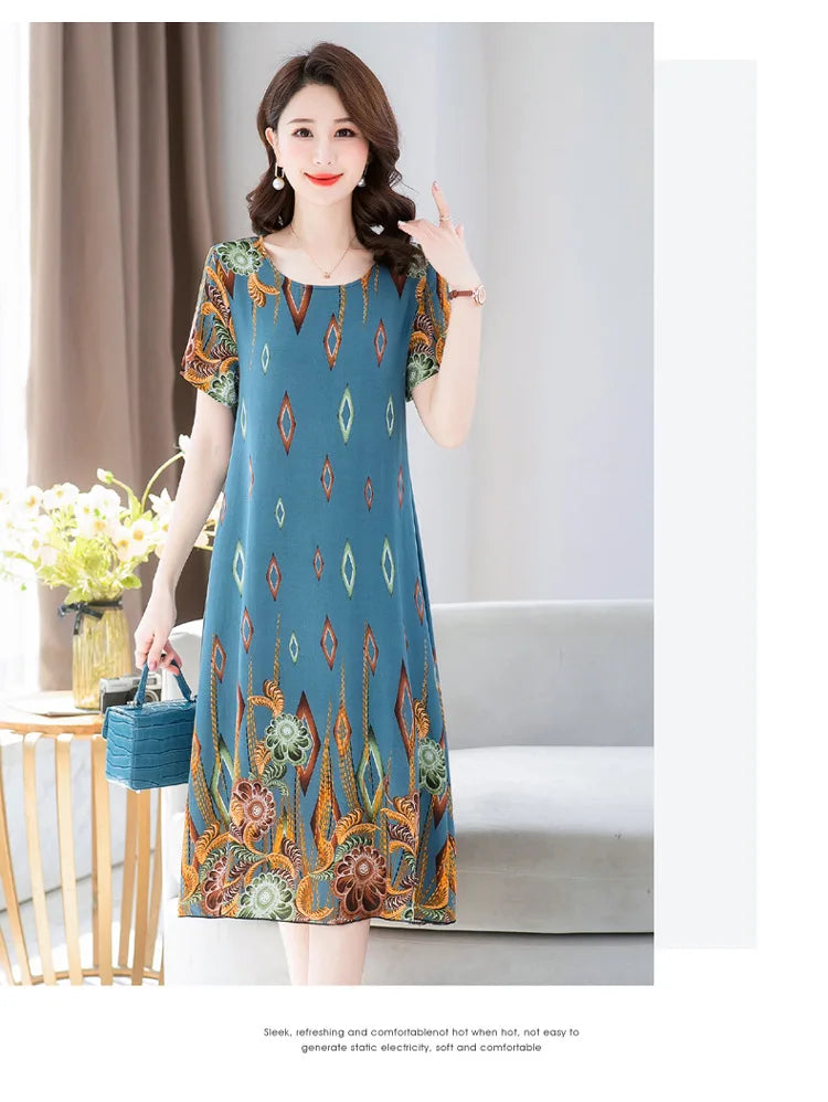 New Summer Home Clothing For Middle-aged Mothers Short Sleeve Sleepwear Dress Cotton Rayon Long Nightdress Women Nightgowns 5XL