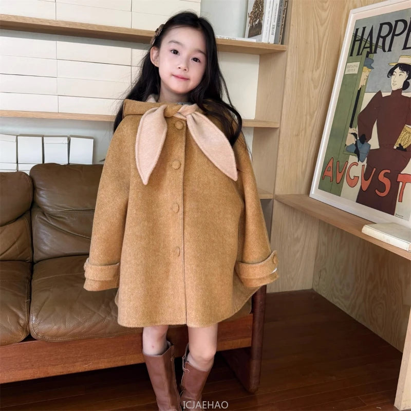 Teen Girl Clothes 2025 Children Wool Double Faced Girls Coat Clothes Kids Herringbone Outerwear Costumes Hooded Cape Handmade