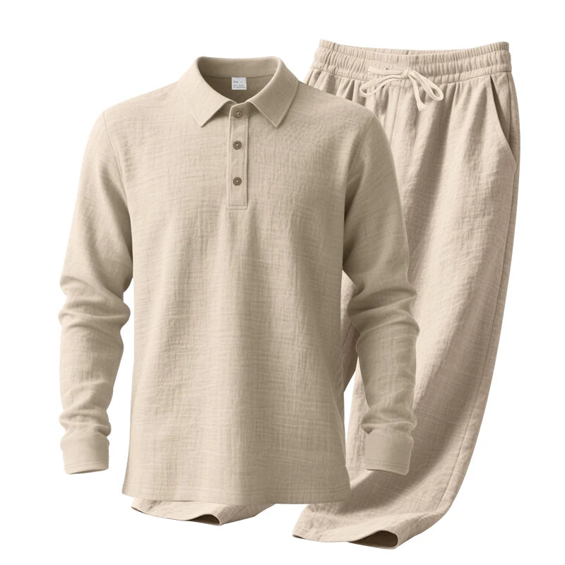 Men's Clothing Set Linen Two-Piece Set: Long-Sleeve Polo Shirt and Straight-Leg Pants Set, Casual Beach Sportswear