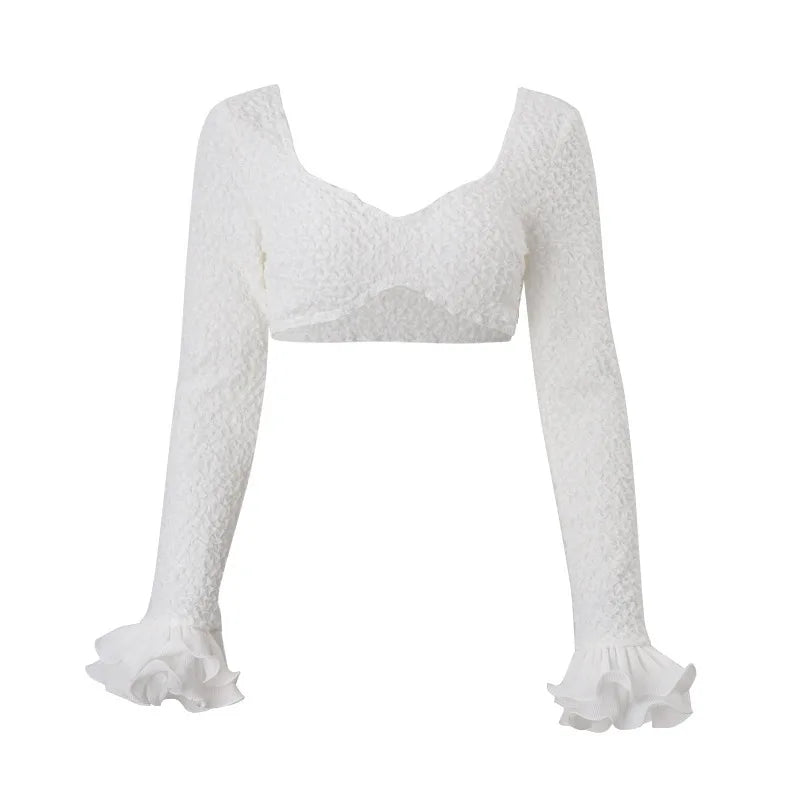 Women's Clothing 2026 Autumn Sexy Temperament Gathering Chest Wrapping Long-sleeved Top Fungus Edge Skirt Set