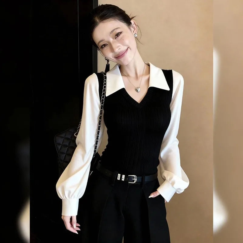 Women Shirts Patchwork Fake Two Piece Long Sleeve Contrast Color Vintage Elegant Office Lady Blouse Female Casual Tops