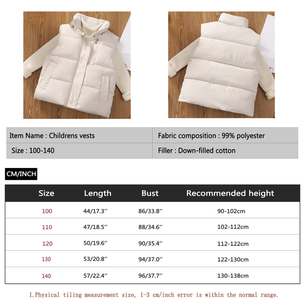 Children's Down Cotton Jacket,Girls Winter Vest,Warm Sleeveless Fleece Boys Waistcoat,Stand Collar Toddlers Quilted Coat