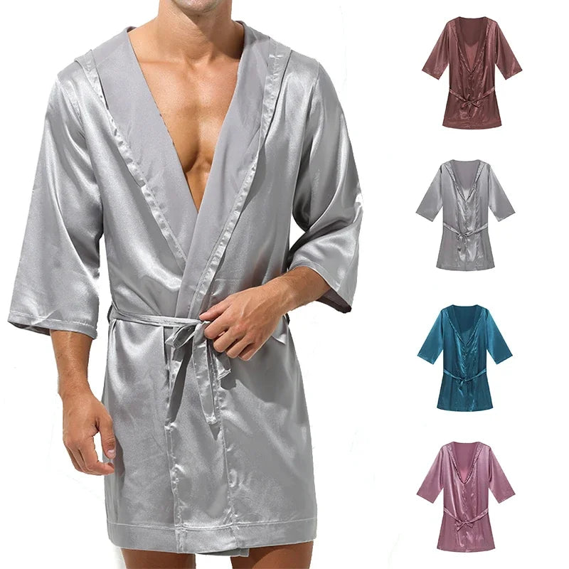 Men Bathrobes Summer Short Sleeve Homewear Silk Pajamas Bathrobe Mens Robes Sleepwear
