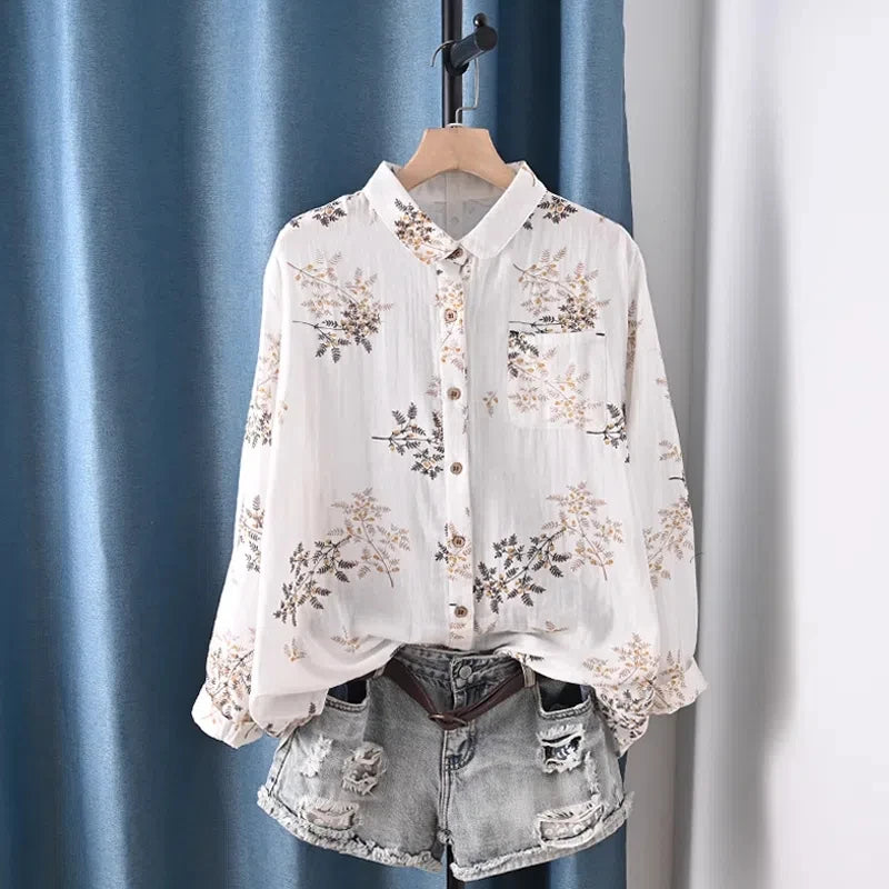 Middle Aged Women Clothing 100% Cotton Yarn Printed Shirts Long Sleeve Blouses for Women Spring Vintage Clothing