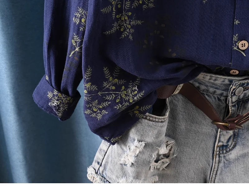 Middle Aged Women Clothing 100% Cotton Yarn Printed Shirts Long Sleeve Blouses for Women Spring Vintage Clothing