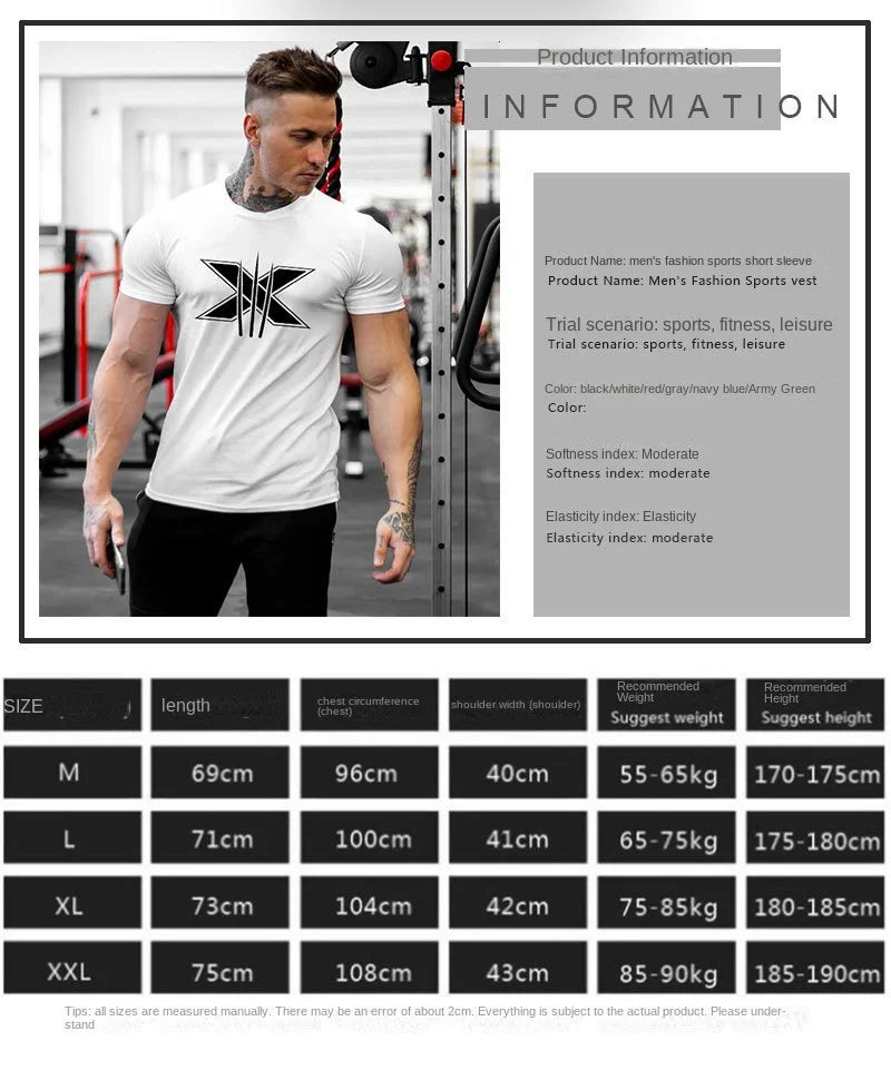 Men's Gym Fitness Clothing Man Cotton Sports Short Sleeve T-shirt Running Training Slim Printed Shirt Sweatshirt Casual Tops