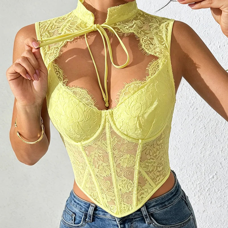 Women Sexy Lace Top See Through Corset Tank Elegant Ladies Sheer Camis Push Up Off Shoulder Vest Outfit