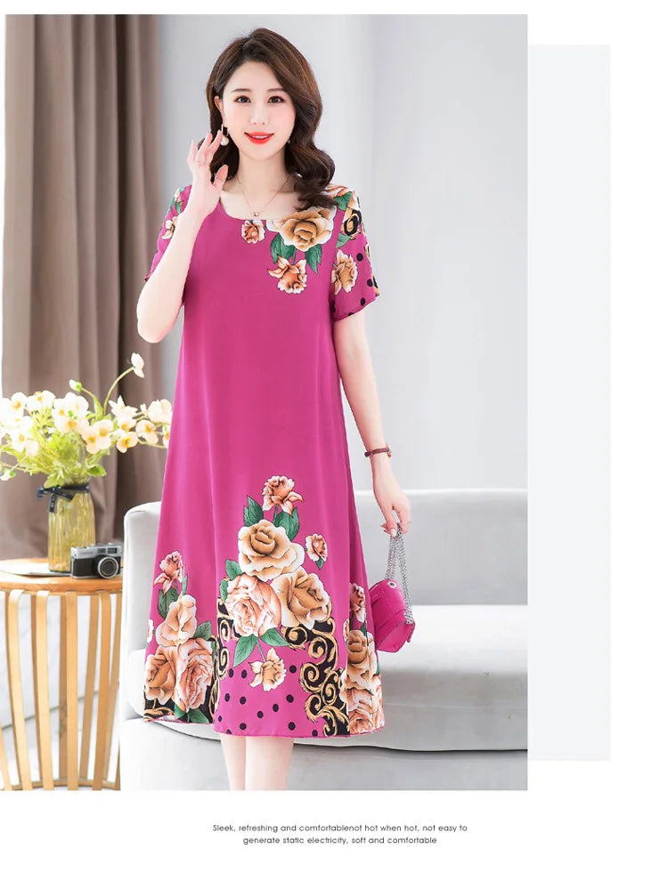 New Summer Home Clothing For Middle-aged Mothers Short Sleeve Sleepwear Dress Cotton Rayon Long Nightdress Women Nightgowns 5XL