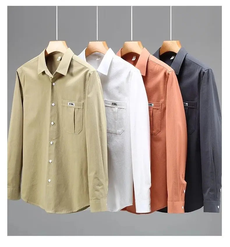 Men's Clothing Trend Simple Casual Pocket All Match Button Up Shirt Spring Autumn Solid Long Sleeve Loose Tops Camisas De Hombre