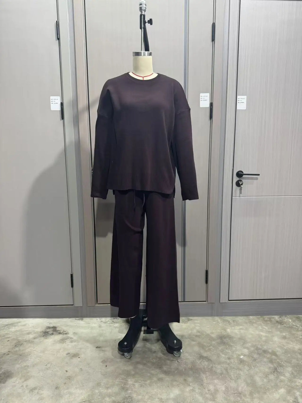 Women's Clothing 2025 Autumn New Solid Color Round Neck Fashion Casual Wide Leg Pants Sweater Suit Female