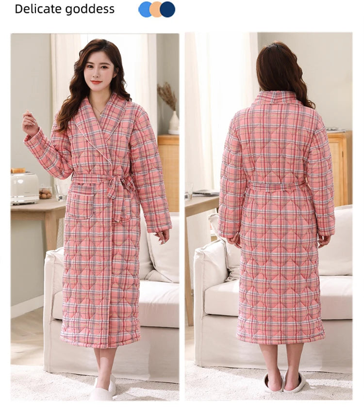 Peignoir Homme Women Robe Winter Warm Cotton Quilted Women's Bathrobe Nightgown Dressing Gown Sleepwear Female Home Clothing