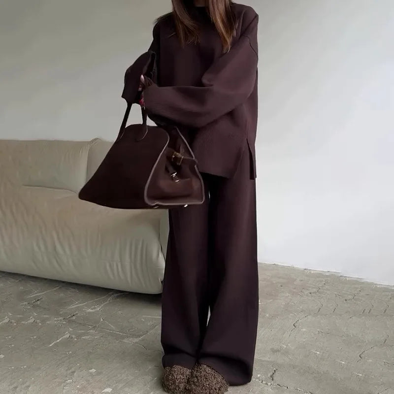 Women's Clothing 2025 Autumn New Solid Color Round Neck Fashion Casual Wide Leg Pants Sweater Suit Female