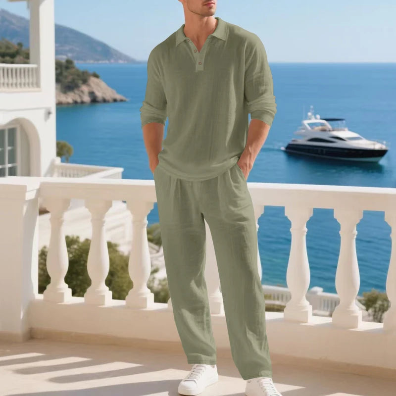 Men's Clothing Set Linen Two-Piece Set: Long-Sleeve Polo Shirt and Straight-Leg Pants Set, Casual Beach Sportswear