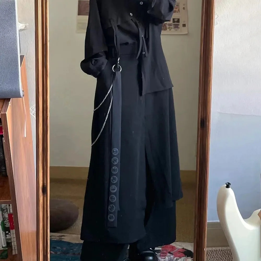Mens Gothic Culottes Irregular Double Layer Japanese Samurai Skirt Ribbon Chain Loose Casual Hakama Pants Men'S Clothing Unisex