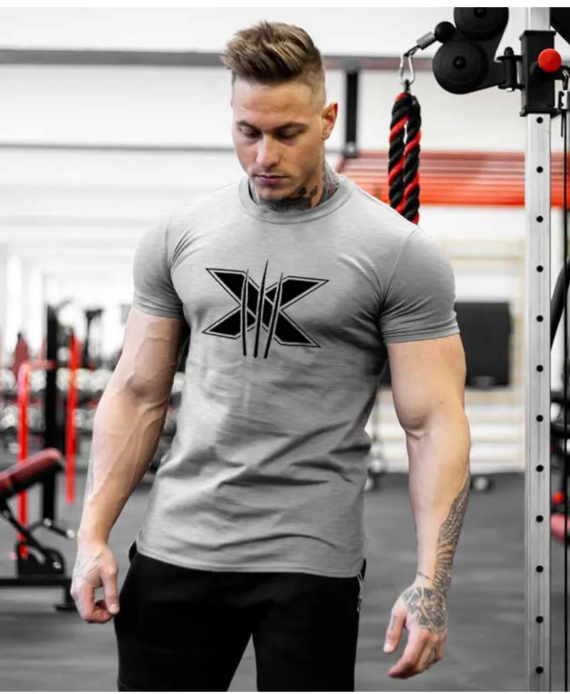 Men's Gym Fitness Clothing Man Cotton Sports Short Sleeve T-shirt Running Training Slim Printed Shirt Sweatshirt Casual Tops