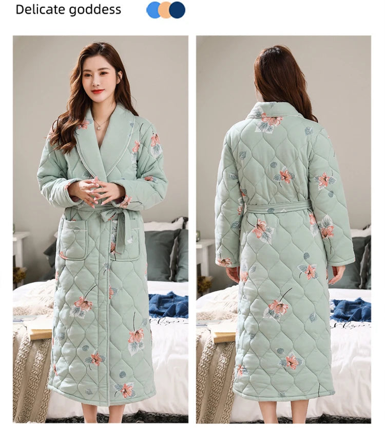 Peignoir Homme Women Robe Winter Warm Cotton Quilted Women's Bathrobe Nightgown Dressing Gown Sleepwear Female Home Clothing