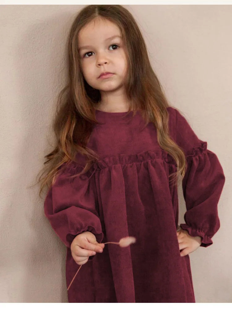 Children Clothing 2025 Autumn and Winter New Corduroy Long Sleeved Girls Baby Round Neck Lace Sleeves Cute Dress