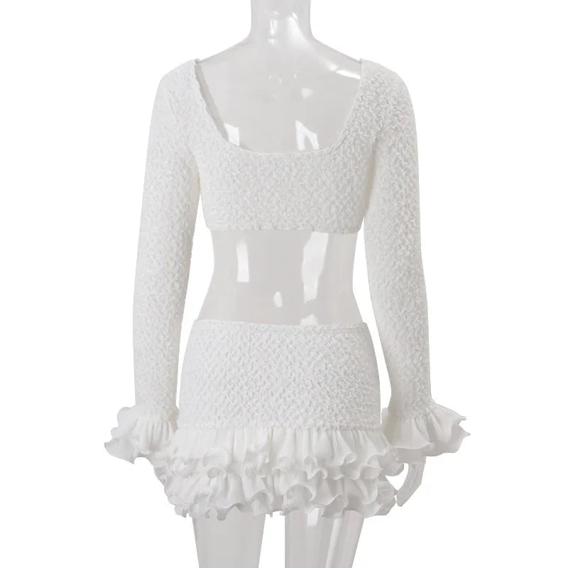 Women's Clothing 2026 Autumn Sexy Temperament Gathering Chest Wrapping Long-sleeved Top Fungus Edge Skirt Set