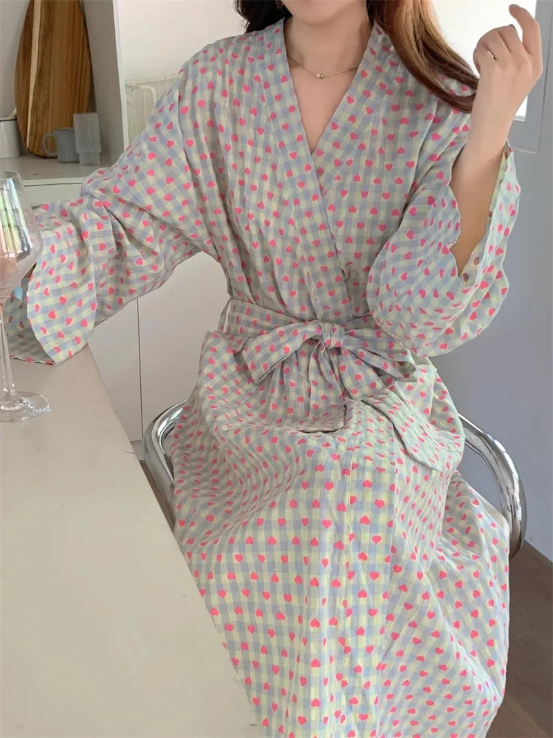 bathrobe women's bathing love plaid loose long sleeve long kimono V-neck lace up trousers nightgown sexy robe women's girl
