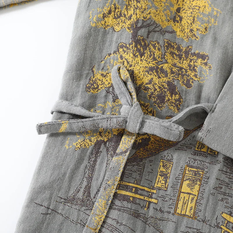 Men's Roomwear Cotton Kimono Pajamas Robes for Spring Jacquard Printed Home Clothing Medium Length Oversized Breathable Bathrobe