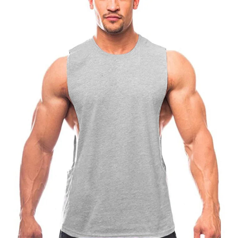 Mens Running Vests Cotton Side Cut Off Sleeveless T-Shirt Summer Sportswear Gym Tank Tops Bodybuilding Fitness Clothing