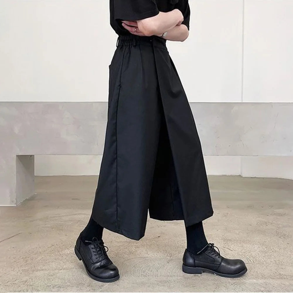 Mens Culottes Asymmetrical Double-Layer Casual Hakama Streetwear Fashion Outdoor Daily Youth Plain Wide-Leg Pants Men'S Clothing