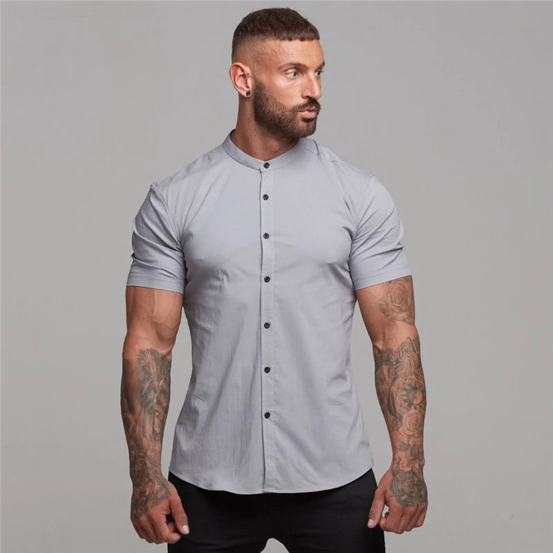 Mens Casual Broadcloth Shirt Summer Slim Fit Short Sleeve Plain Dress Shirt for Gym Business Social