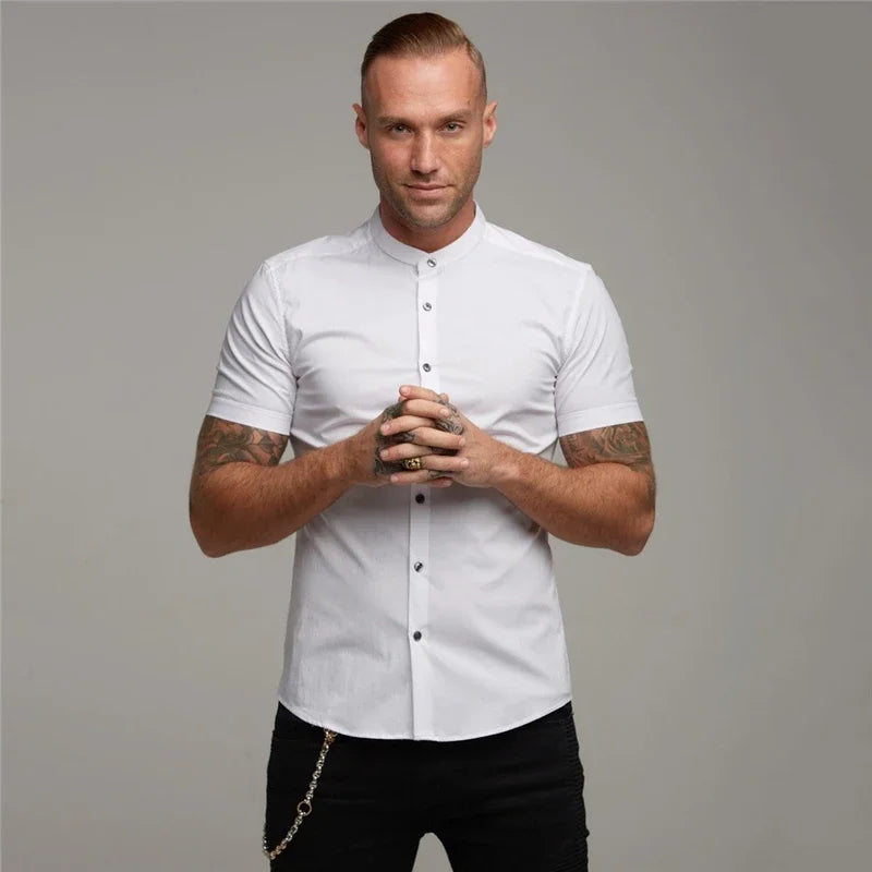 Mens Casual Broadcloth Shirt Summer Slim Fit Short Sleeve Plain Dress Shirt for Gym Business Social