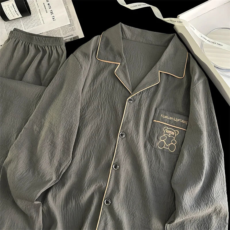 Men's Pajama Sets Casual Autumn Winter Sleepwear Long Sleeve Lapel Top Trousers Suit Male Home Wear Clothing Sleep Pijama Mujer