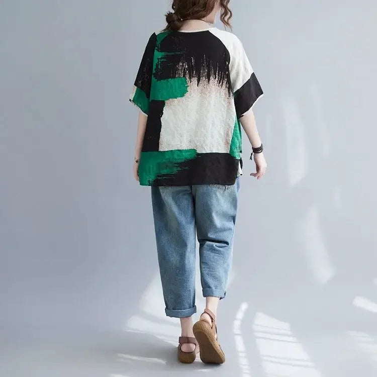Women Clothing 2025 New Summer Clothing New Style Retro Loose Cotton Linen Short-sleeved T-shirt Top
