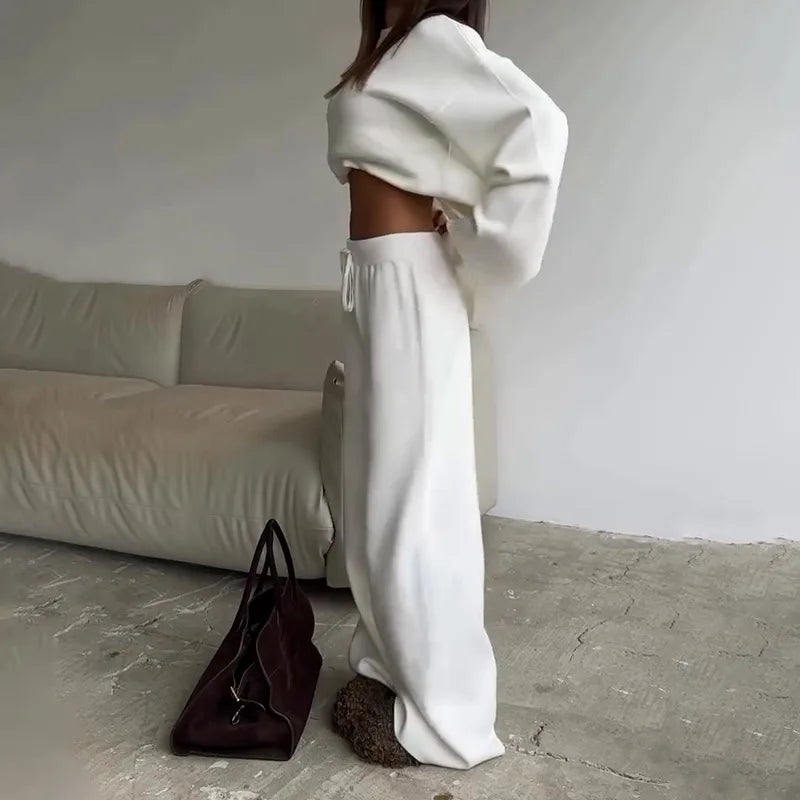 Women's Clothing 2025 Autumn New Solid Color Round Neck Fashion Casual Wide Leg Pants Sweater Suit Female