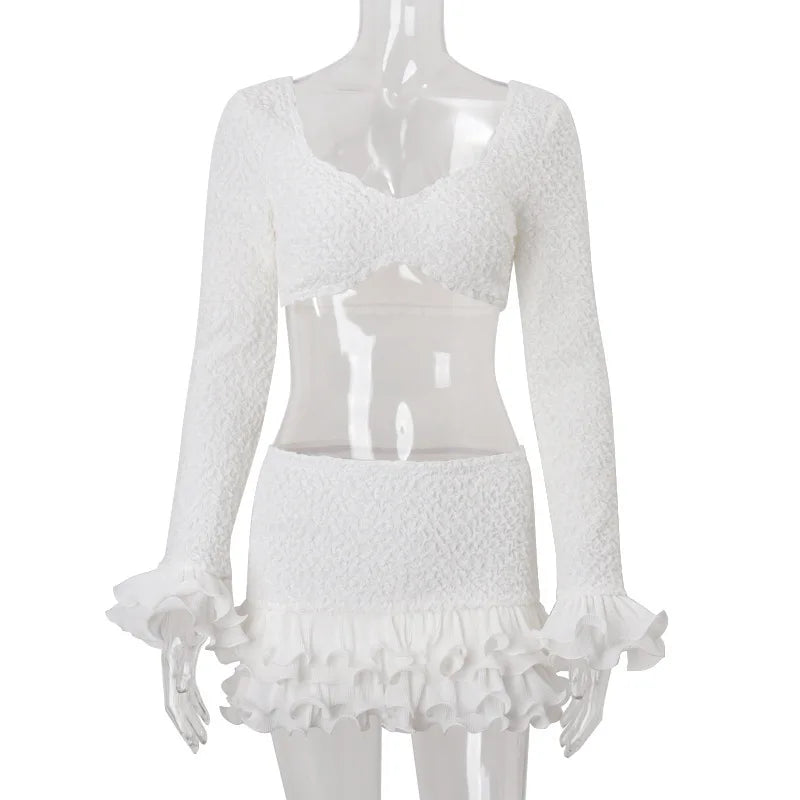 Women's Clothing 2026 Autumn Sexy Temperament Gathering Chest Wrapping Long-sleeved Top Fungus Edge Skirt Set