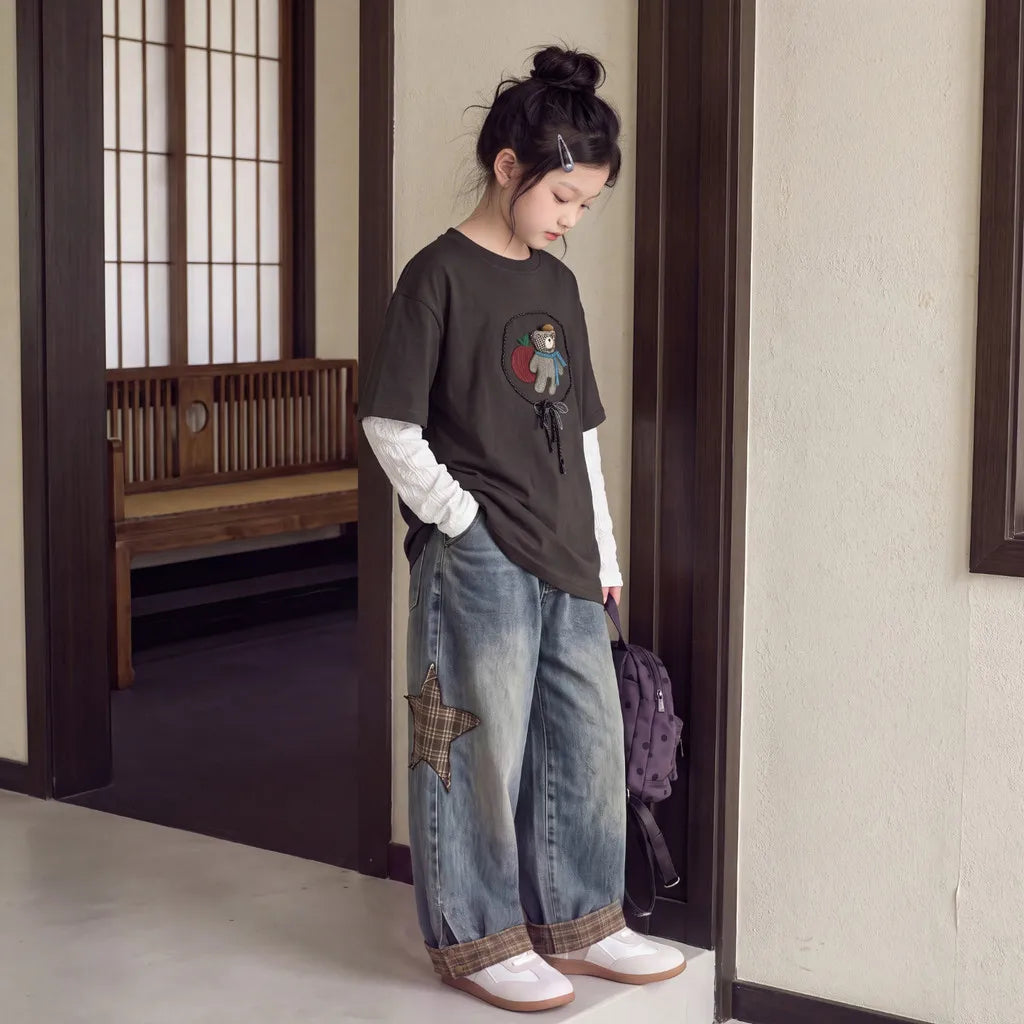 Children Clothes Suit Autumn Girls Long Sleeve T‑Shirt and Wide Leg Jeans Cute Bear Plaid Star Patch